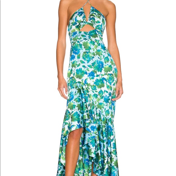 AMUR Edie High Low Tie Neck Gown in Cerulean Lotus Block Print - Picture 2 of 5